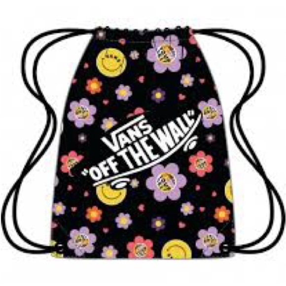 VANS Benched Bag Drawstring Backpack Unisex Shoulder Bag Black Floral Smiley - Picture 2 of 11